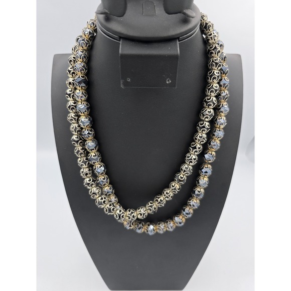 Vintage 925 Sterling Silver Double Strand Filigree Faceted Bead prayer Necklace